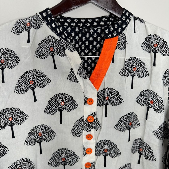 Brandless Women's Boho Tree Print Tunic Dress Orange Trim V Neck Button Front - Picture 4 of 6